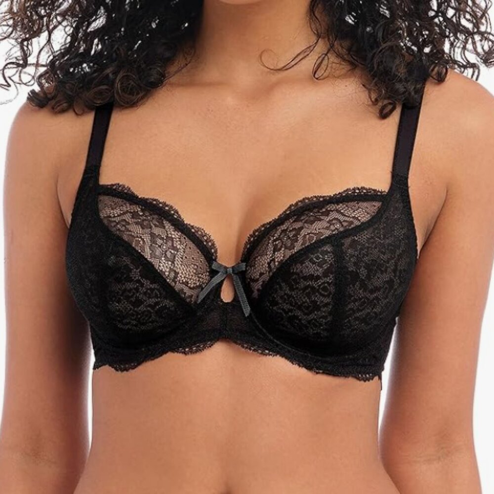Freya Fancies Underwire Plunge Lace Bow Bra Black US 34H / UK 34FF